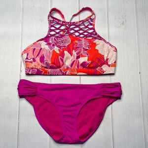 Athleta L 38 B/C Bikini Set Top Bottoms High Neck Hawaiian Swimsuit Swim Pink